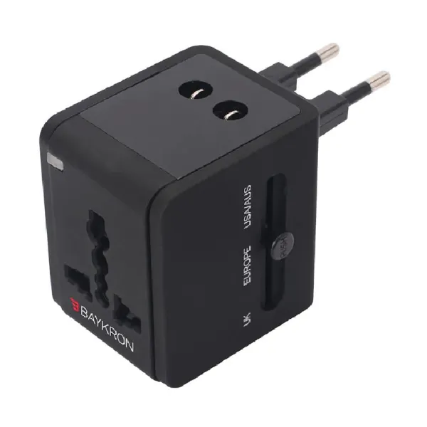 Picture of Baykron universal travel adapter, with two USB ports