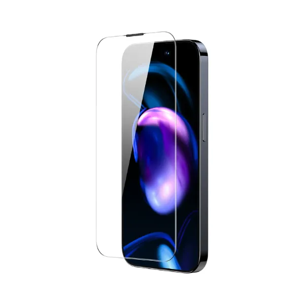 صورة واقي الشاشة  بسمك 0.3 مم ومصنوع من الزجاج المقوى بتقنية Nano Crystal، مع فلتر للغبار لجهاز iPhone 14 Pro Max من Baseus
