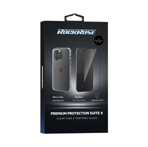 Picture of RockRose Premium Protection Suite II Clear case and tempered glass for iPhone 15 Pro