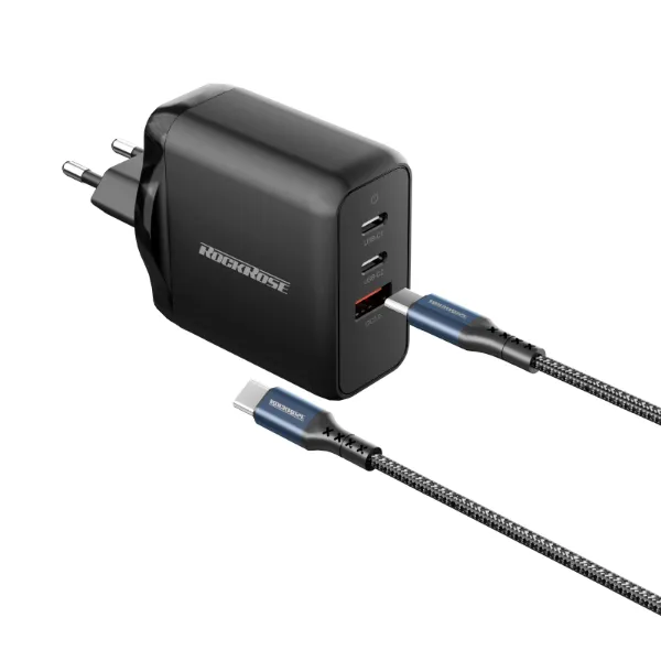 صورة محول طاقة Eclipse G65 بقدرة 65W PD وQC 3.0 مع 3 منافذ وكابل USB-C إلى USB-C من RockRose