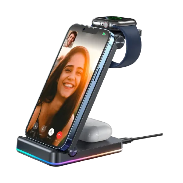 صورة محطة شحن لاسلكية قابلة للطي 3 في 1 بقدرة 15 واط طراز JR-WQN01 من جوي روم