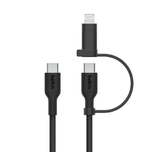صورة كابل مضفّر USB-C إلى USB-C 2 في 1 مع محول Lightning من بيلكن