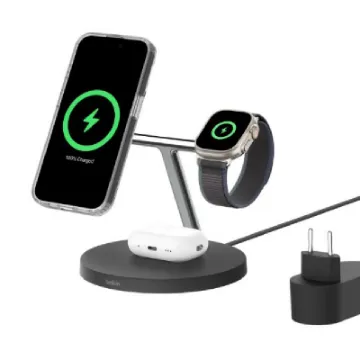 صورة شاحن لاسلكي 3 في 1 بتقنية Qi2 متوافق مع MagSafe لهواتف آيفون 16 وساعة آبل وسماعات AirPods مع مزود طاقة مرفق من بيلكن