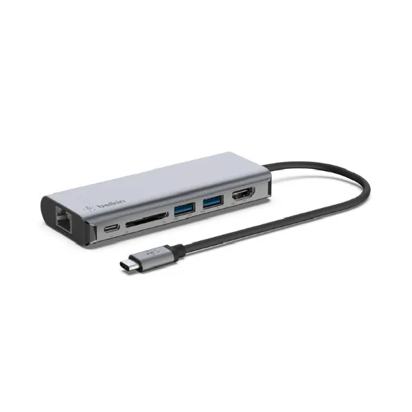 Picture of Belkin USB-C Multiport Adapter 6-in-1. 2 x USB A 3.0 (5Gpbs), 1 x HDMI 4k, GbE, 1 x USB C 100w PD, SD Card slot, Mac and Windows compatible