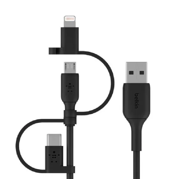 صورة كابل عالمي BoostCharge بمنفذ USB-A مع موصلات USB-C وMicro-USB وLightning من بيلكن